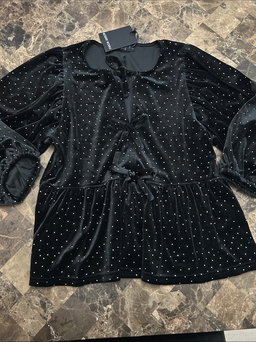 NWT 🆕 Modern Works Black Velvet Peplum Top with Ties, Loose fit, size S